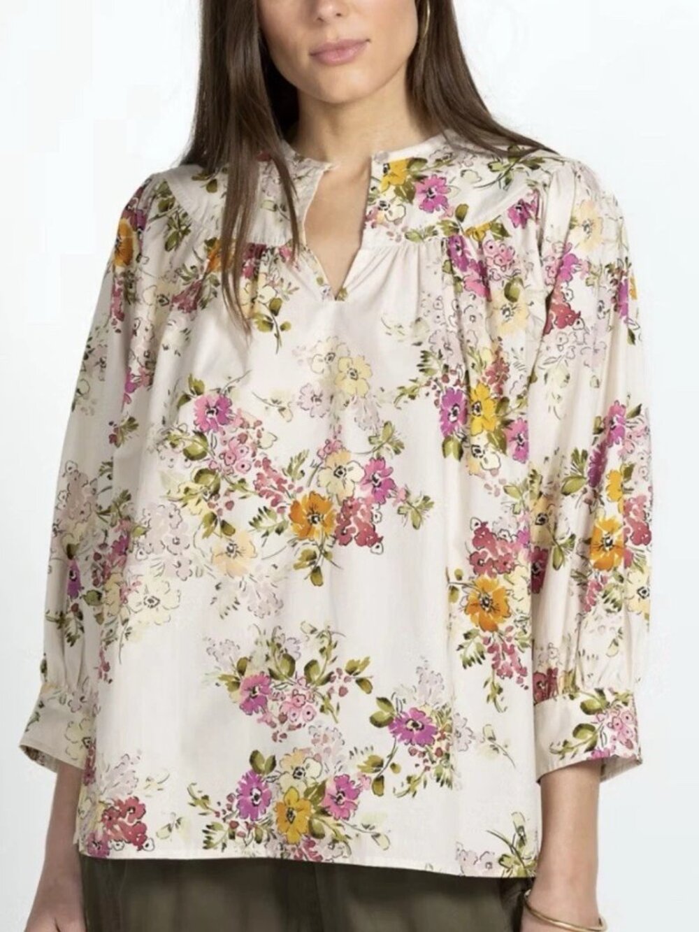 Johnny Was Jade Isabella Floral Print 3/4 Sleeve Trapeze Blouse Top Size  XL